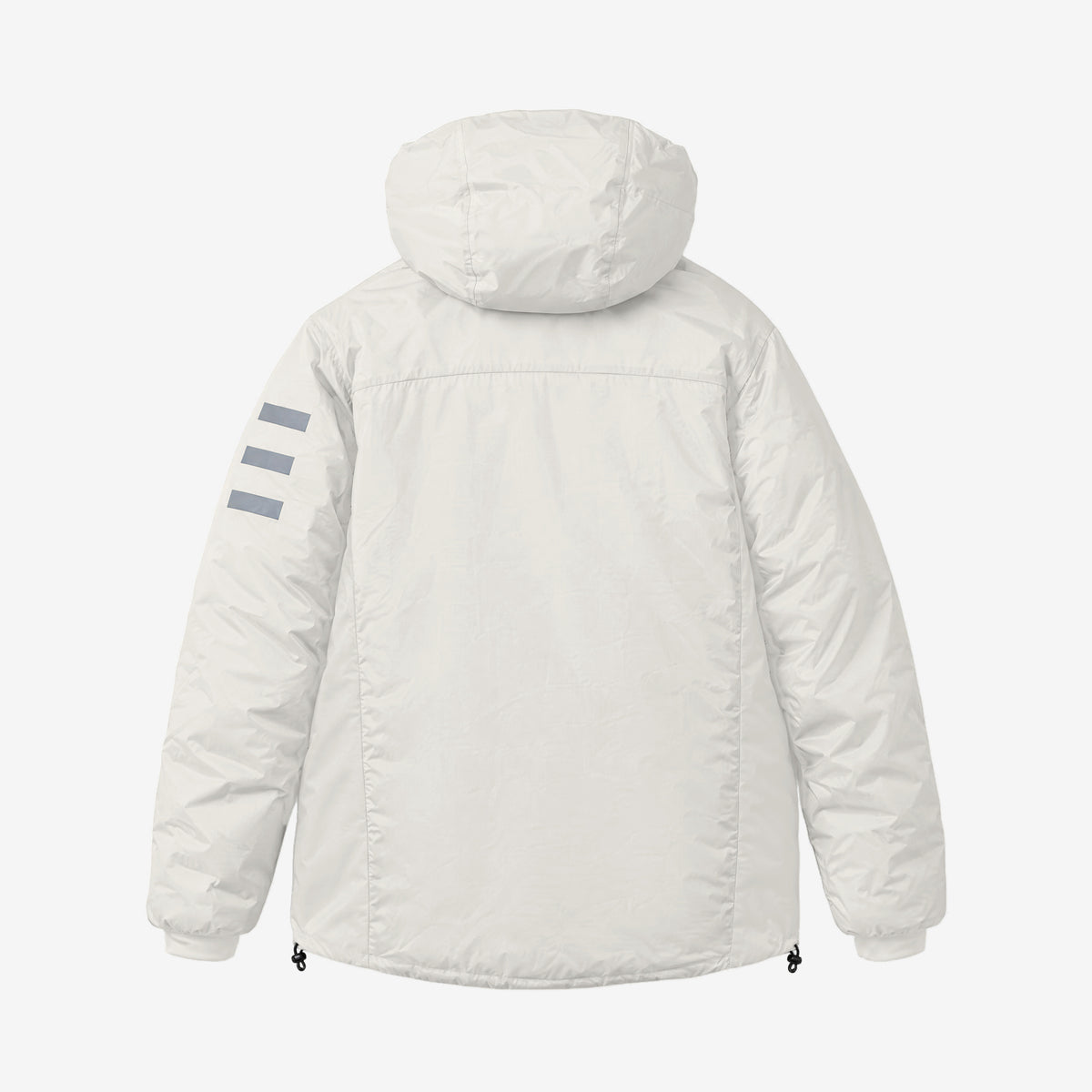 Endeavor Aeroshield Insulated Jacket in Cloud, back flat lay with screen-printed bars on the left upper arm