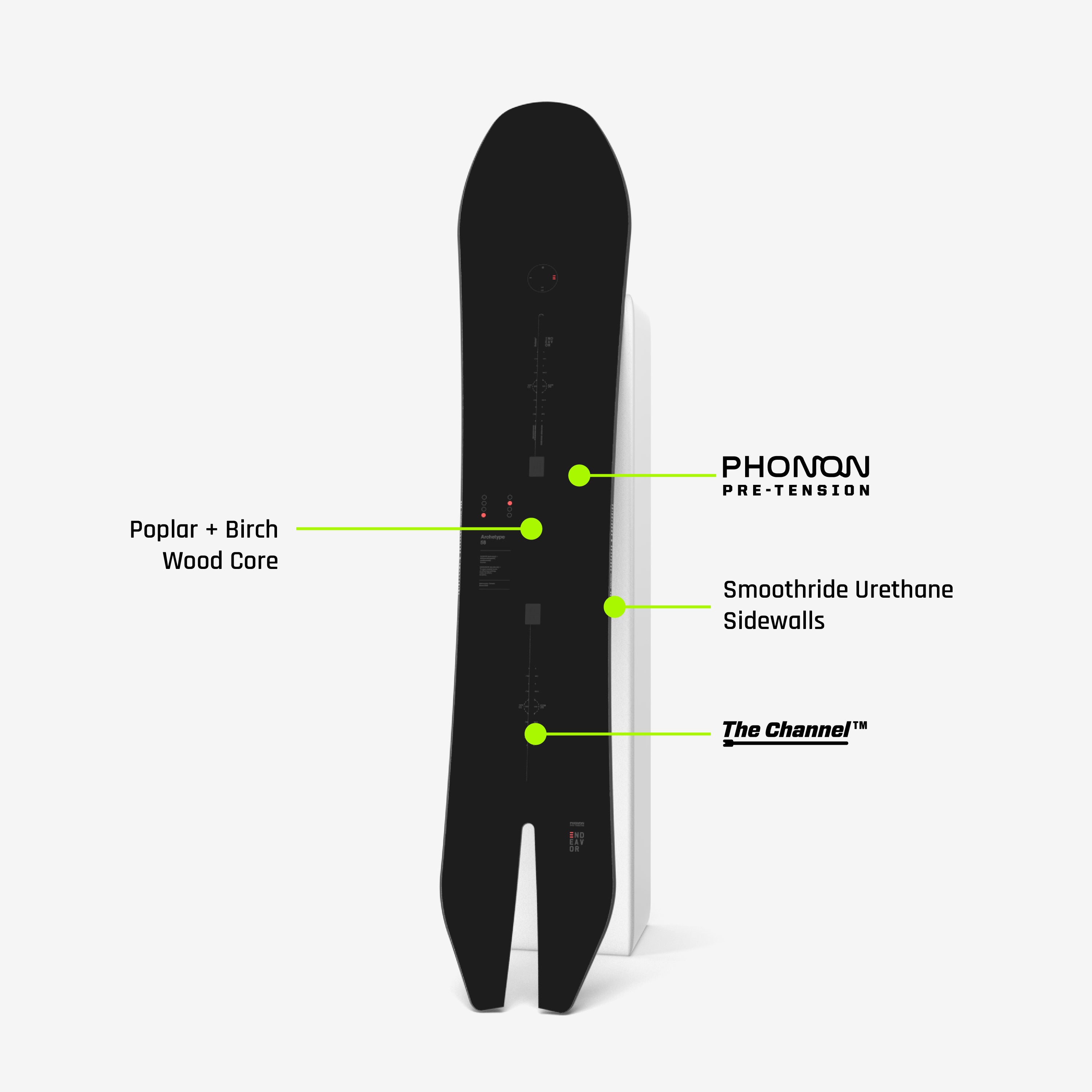 Endeavor Archetype Pro Snowboard with directional shape and swallowtail design, ideal for powder riding and versatile winter sports performance.
