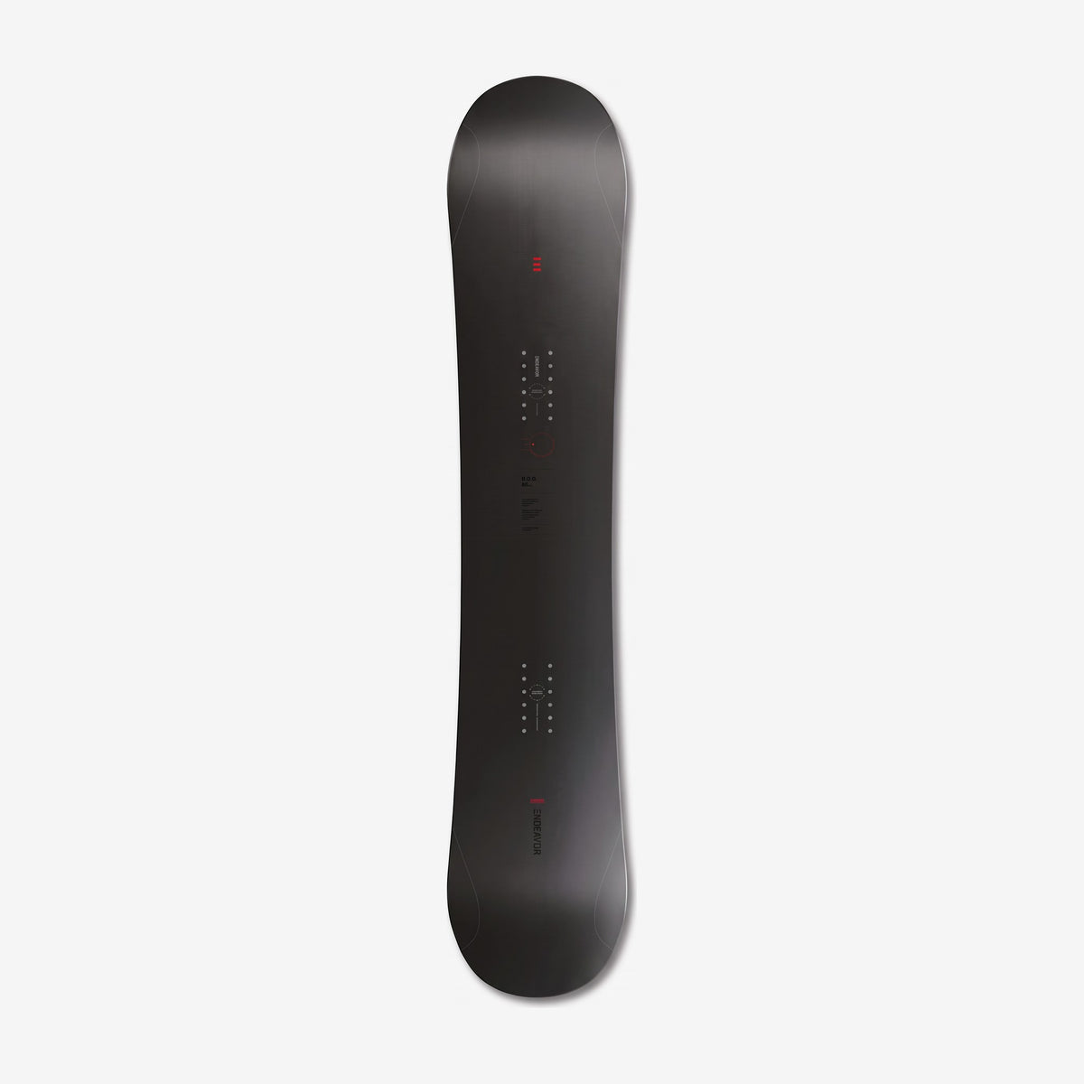Endeavor B.O.D. Pro snowboard, topsheet: black topsheet with fine grey markings, a red stance circle and insert packs