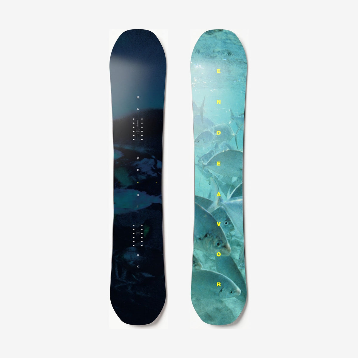 Endeavor Maverick W27 Snowboard, top and base side by side