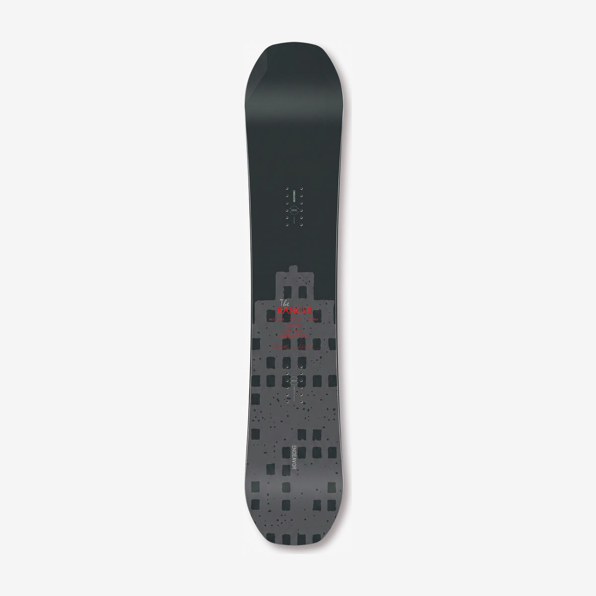 Endeavor Ranger snowboard, topsheet: dark grey topsheet with a red RANGER spec block and grey building graphic