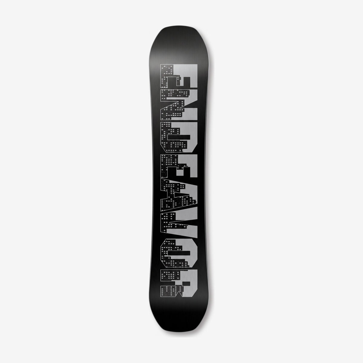 Endeavor Ranger snowboard, base: black base with grey city-block ENDEAVOR lettering