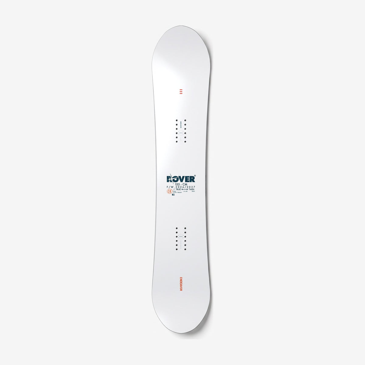 Endeavor Rover snowboard, topsheet: white topsheet with the ROVER logo block, insert packs and a red ENDEAVOR wordmark