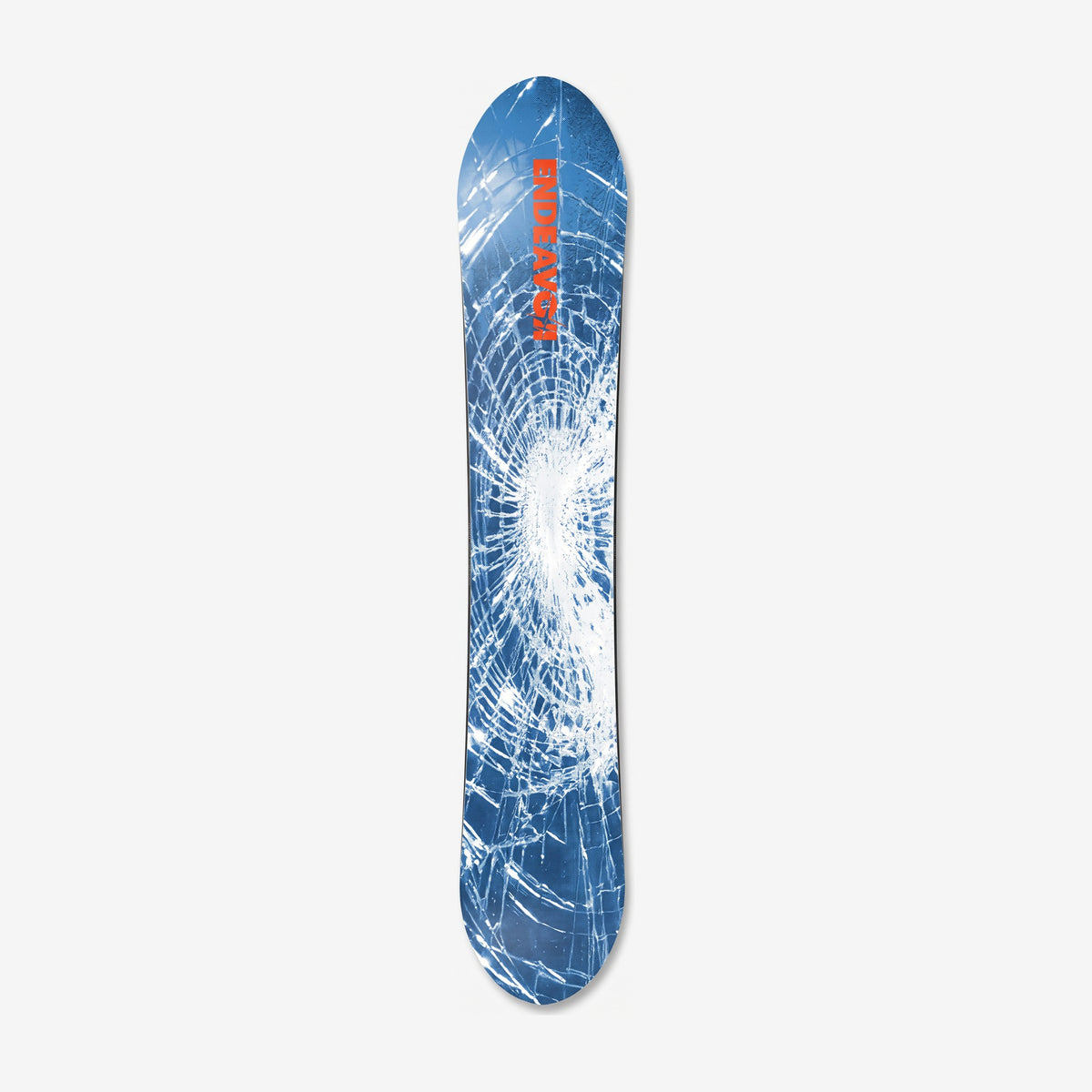 Endeavor Rover snowboard, base: shattered blue glass photograph with an orange ENDEAVOR wordmark