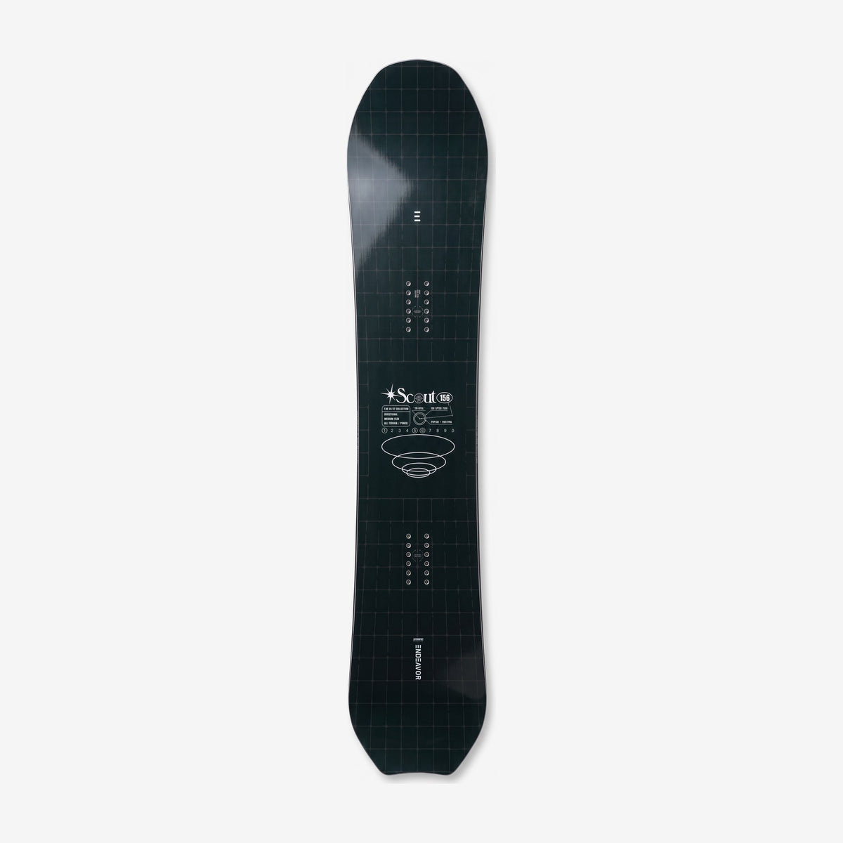 Endeavor Scout snowboard, topsheet: dark green-black grid topsheet with the Scout logo and spec block
