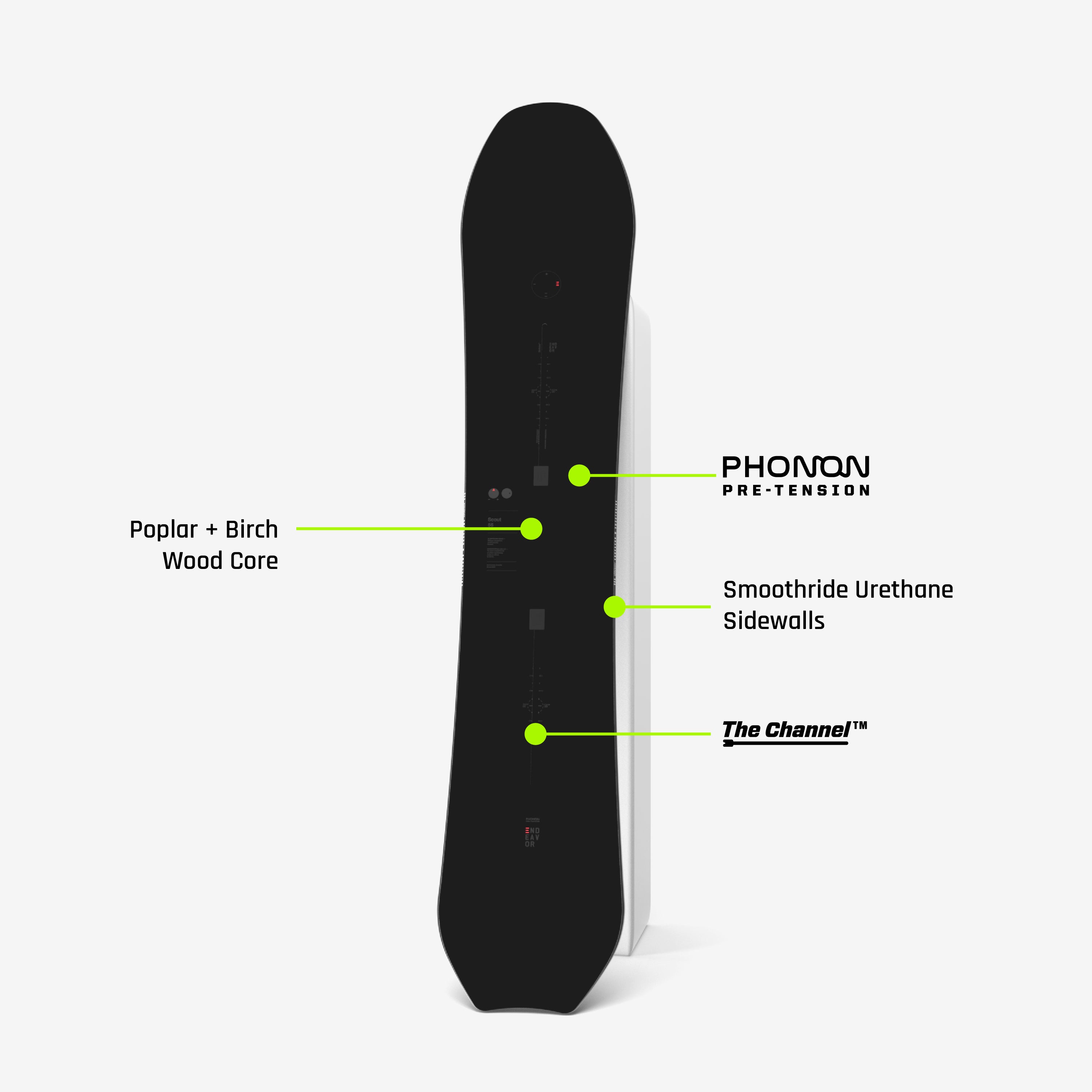 Endeavor Scout Pro Snowboard features a sleek black design with a swallow tail, ideal for freestyle, powder, and all-terrain snowboarding.