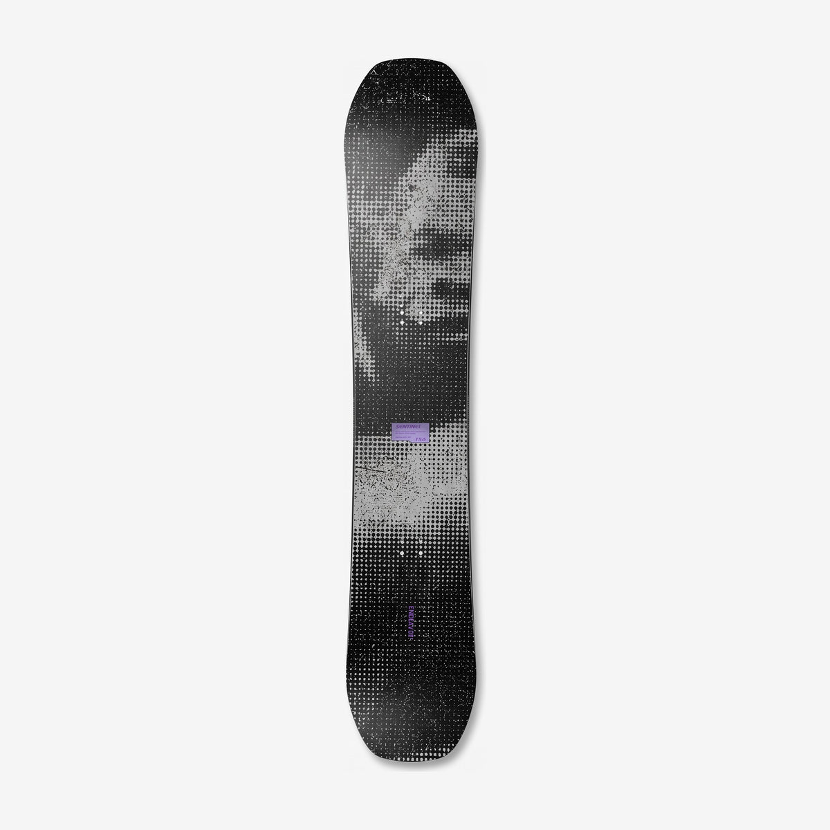 Endeavor Sentinel snowboard, topsheet: black-and-white halftone photograph with a purple SENTINEL label