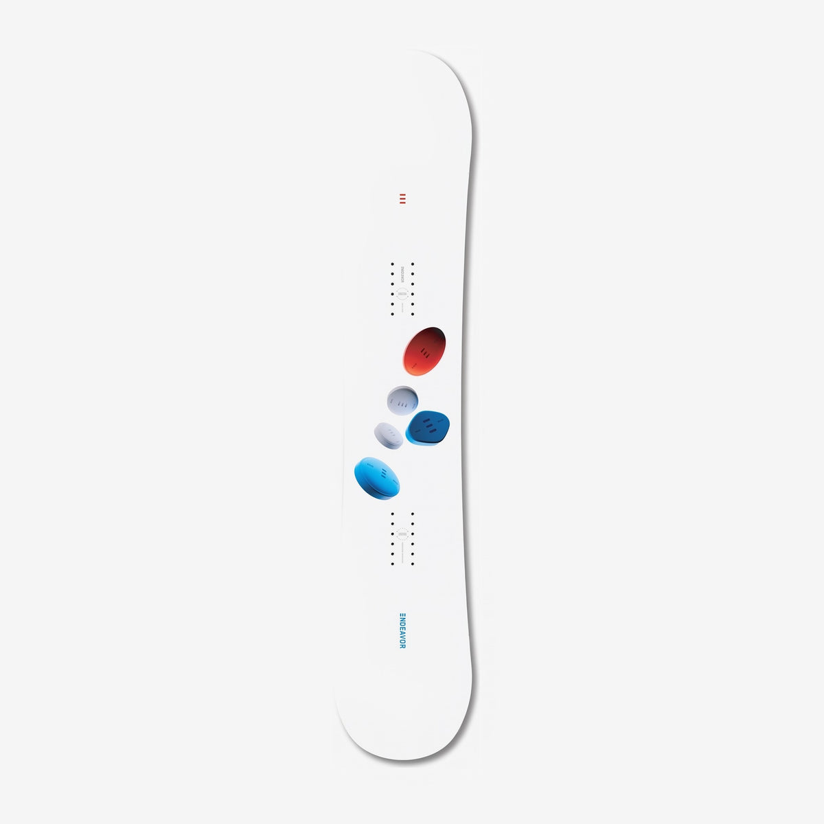Endeavor B.O.D. Womens snowboard, topsheet: white topsheet with red, blue and grey 3D pill shapes