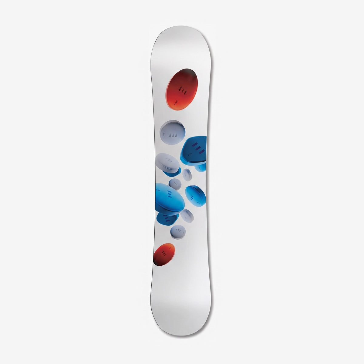 Endeavor B.O.D. Womens snowboard, base: white base with red, blue and grey 3D pills