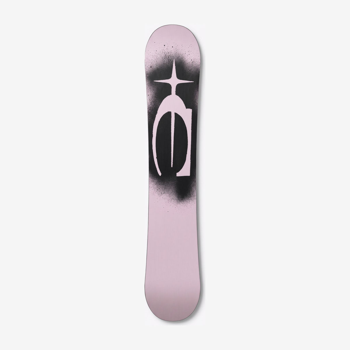 Endeavor Live Women's snowboard, base: pink base with a large black spray-paint E and four-pointed star