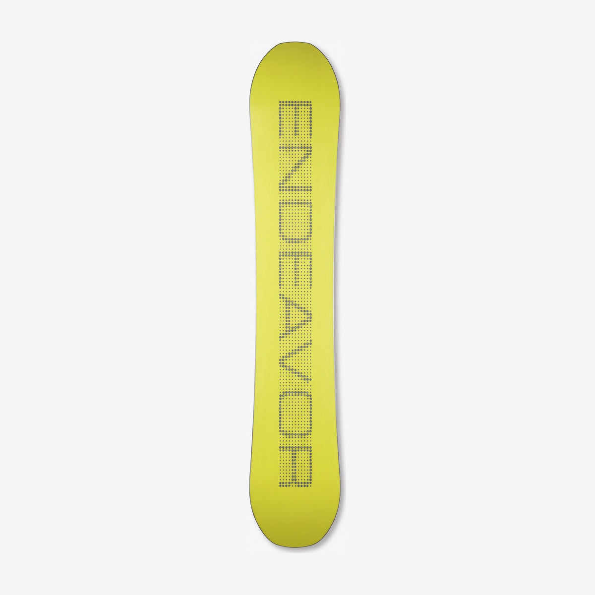 Endeavor Pioneer Women's snowboard, base: lime-yellow base with tall dotted ENDEAVOR lettering
