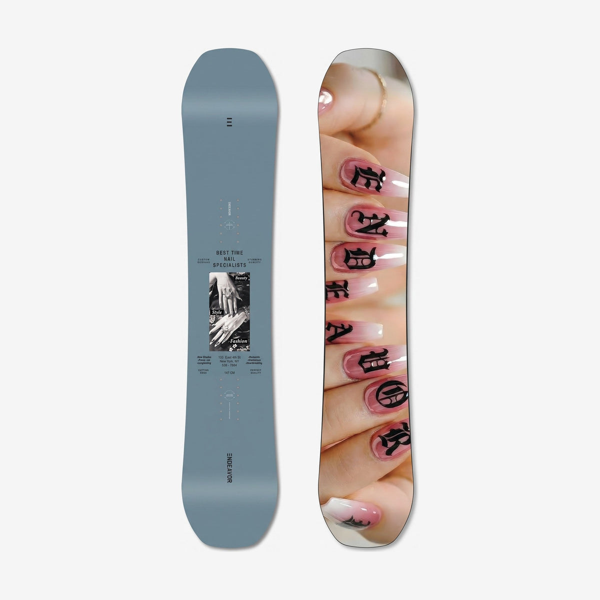 Endeavor Ranger Womens W27 Snowboard, top and base side by side
