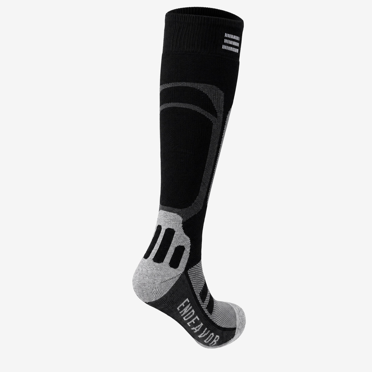 Endeavor Surplus Sock in black, back view showing the shaped heel