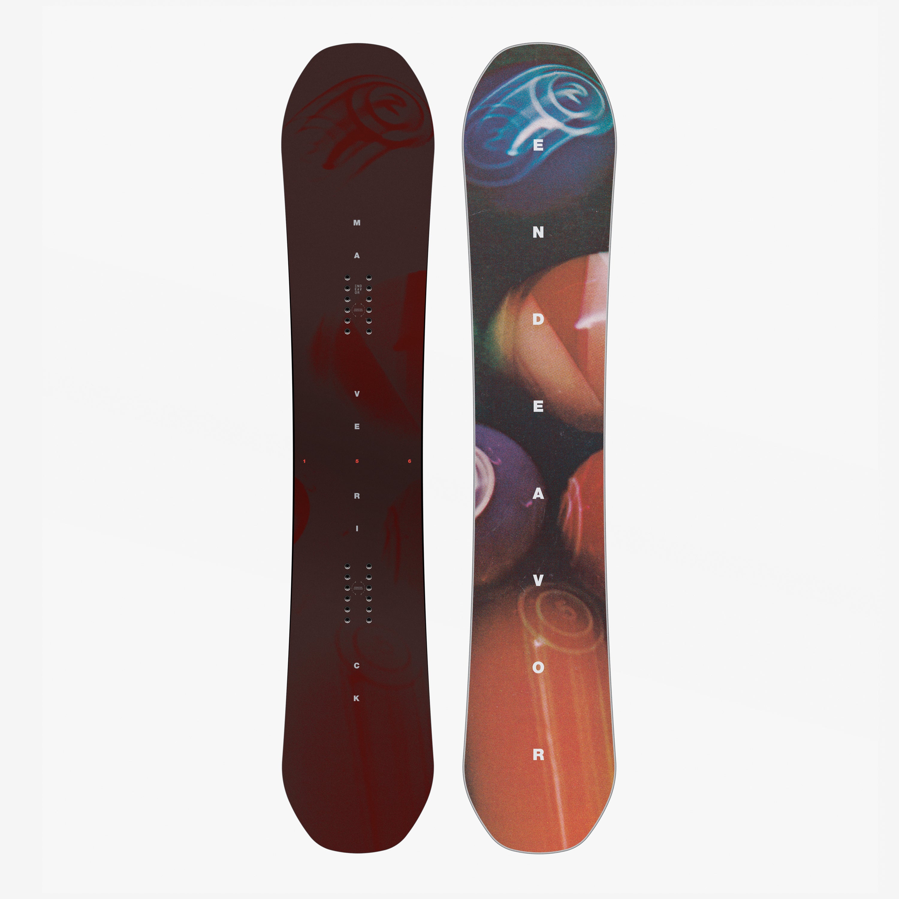 Endeavor Maverick Snowboard - Freeride Directional with Hover Camber and Carbon Rods, featuring abstract red and multicolor base graphics.