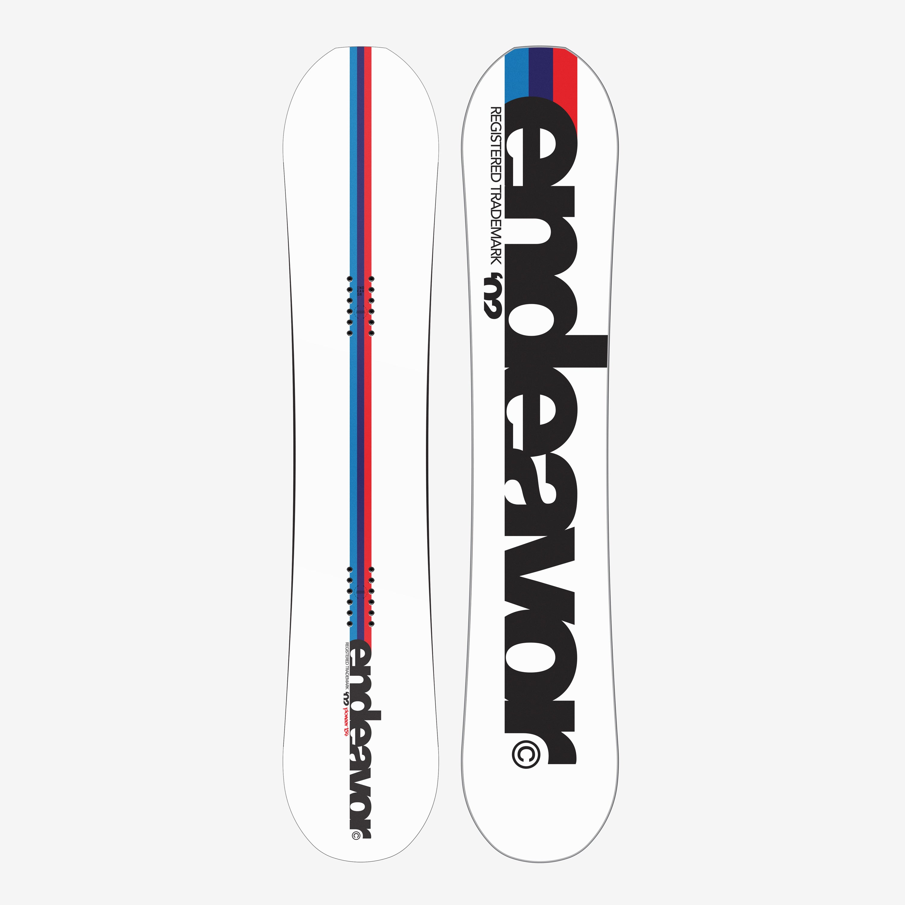 Endeavor Pioneer Snowboard - All-Mountain | Stability & Pop with bold black logo, directional twin shape, and red-blue racing stripe design.
