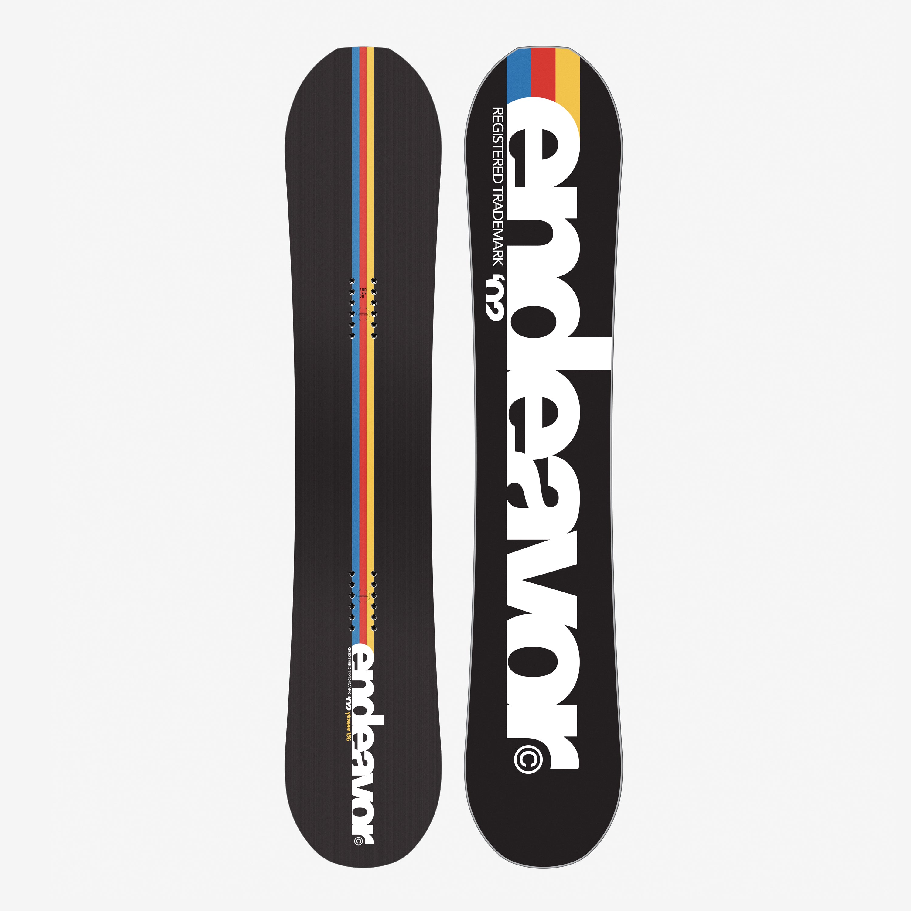 Endeavor Pioneer Pro Snowboard with bold white logo and retro stripe design, ideal for all-mountain freestyle riding with lightweight Phonon topsheet.