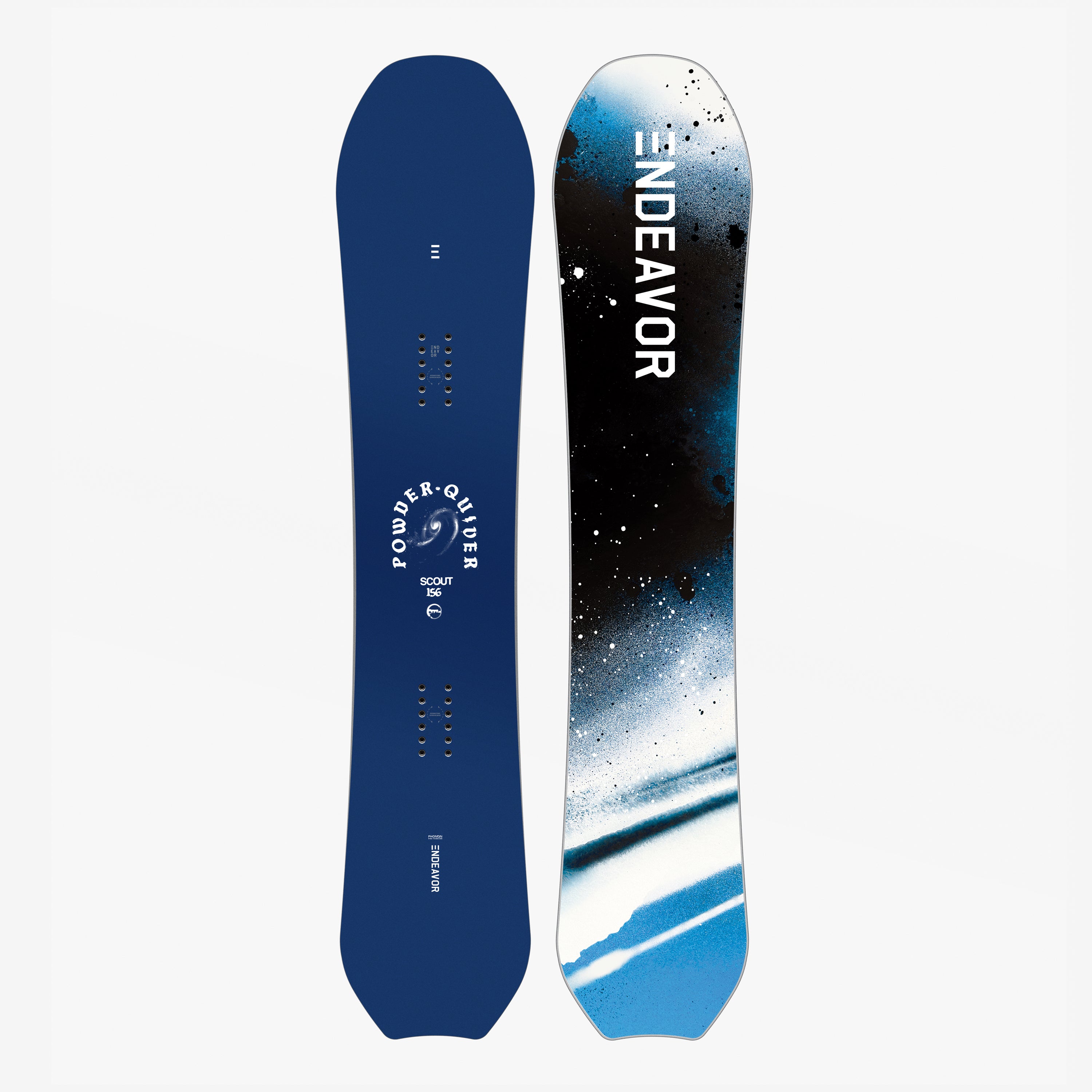 Endeavor Scout Pro freestyle powder snowboard with blue topsheet and abstract black-white base design, ideal for versatile winter riding.