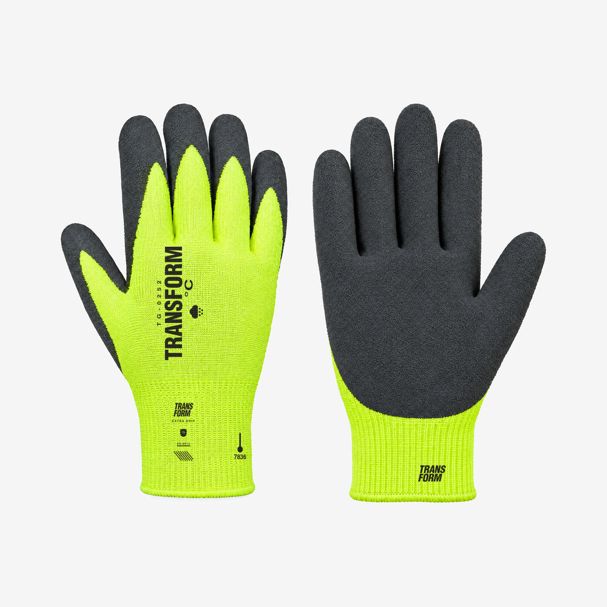 Transform Workwear Glove – Neon Green – right hand, back and palm