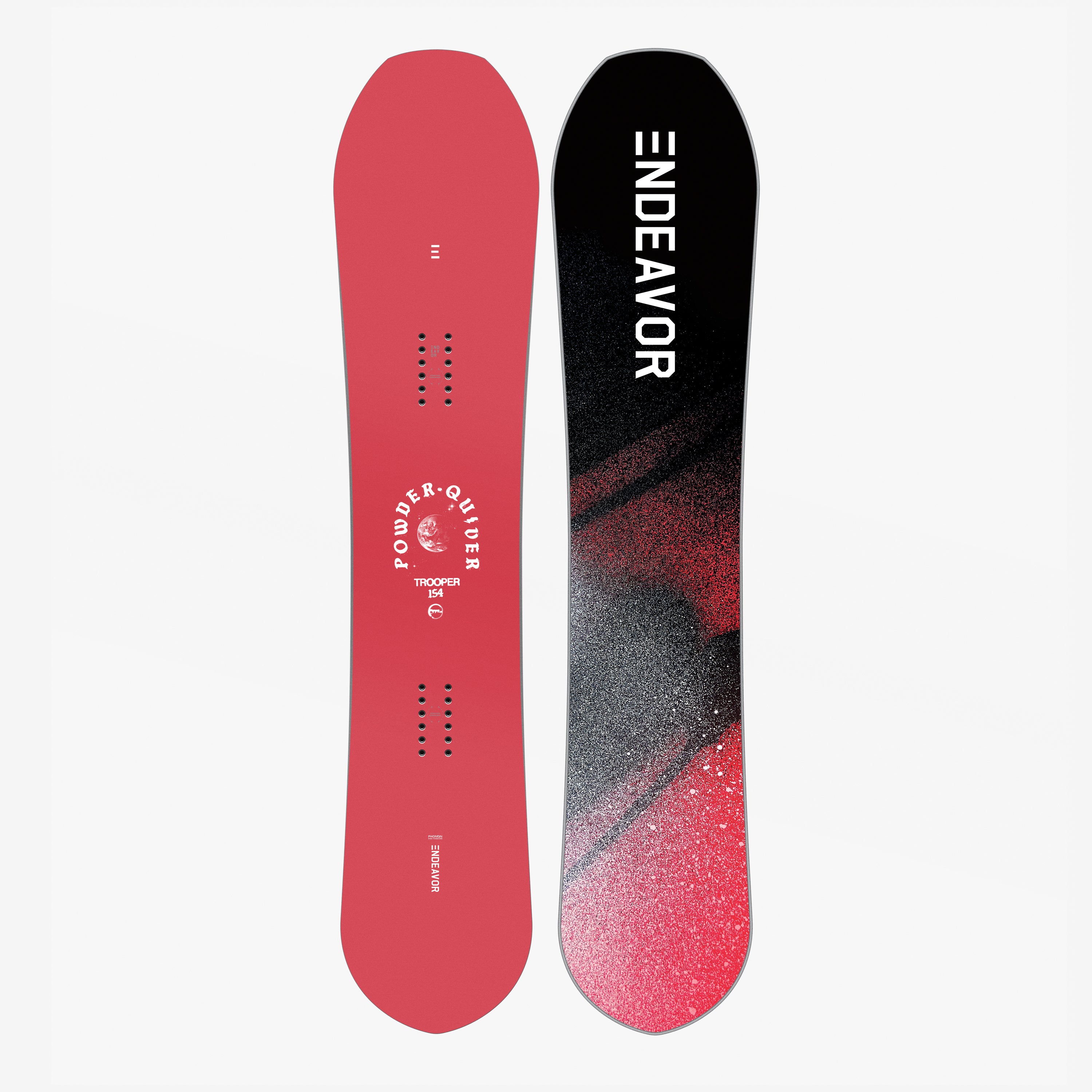 Endeavor Trooper Pro Snowboard with Phonon topsheet, featuring a tapered tail and bold red and black design for versatile all-mountain performance.