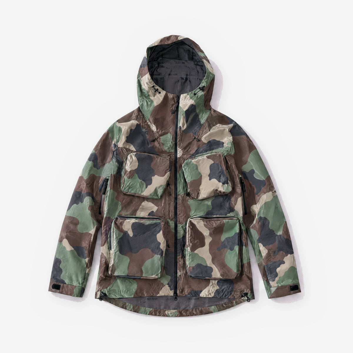 Endeavor 3L Bellow Jacket in Woodland Camo, front flat lay
