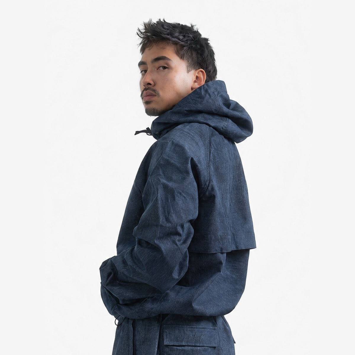 Endeavor 20K Windbreaker Limited Edition in Raw Denim, on model, waist-up