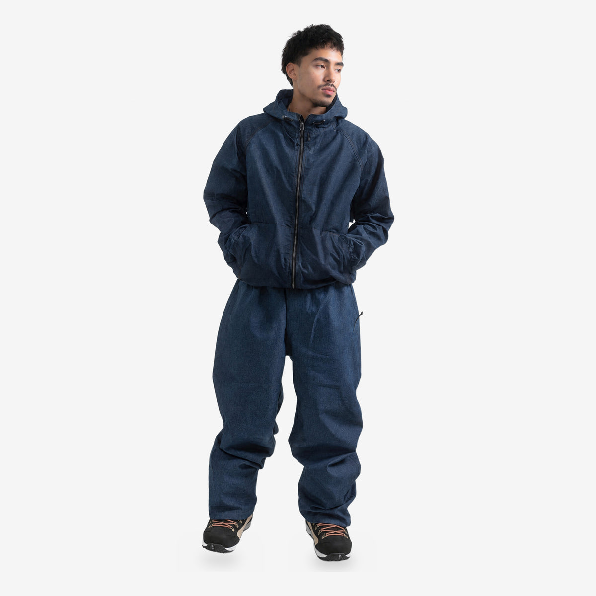 Endeavor 20K Windbreaker Limited Edition in Raw Denim, worn full length with the matching Raw Denim Scout Park Pant