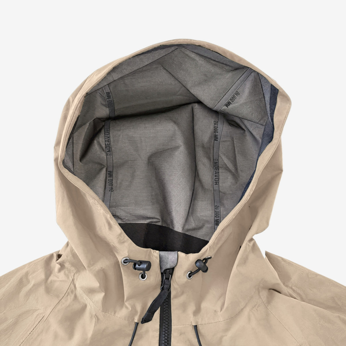 Endeavor 20K Windbreaker in Fiber, hood with grey mesh lining and ENDEAVOR / 20,000 MM seam tapes, hood drawcords and front zip