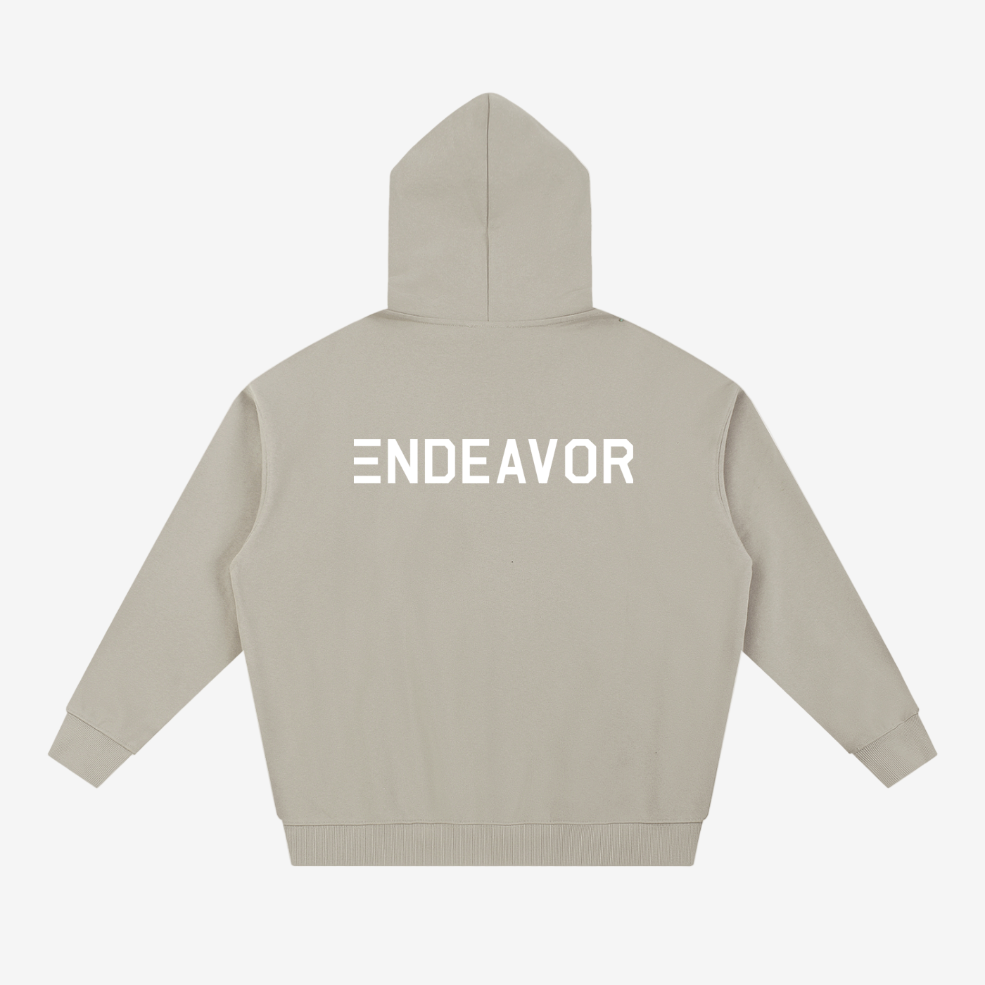 Endeavor Essential Heavyweight Hoodie in Light Gray color with horizontal white logo, made from a cotton blend for all-season wear.