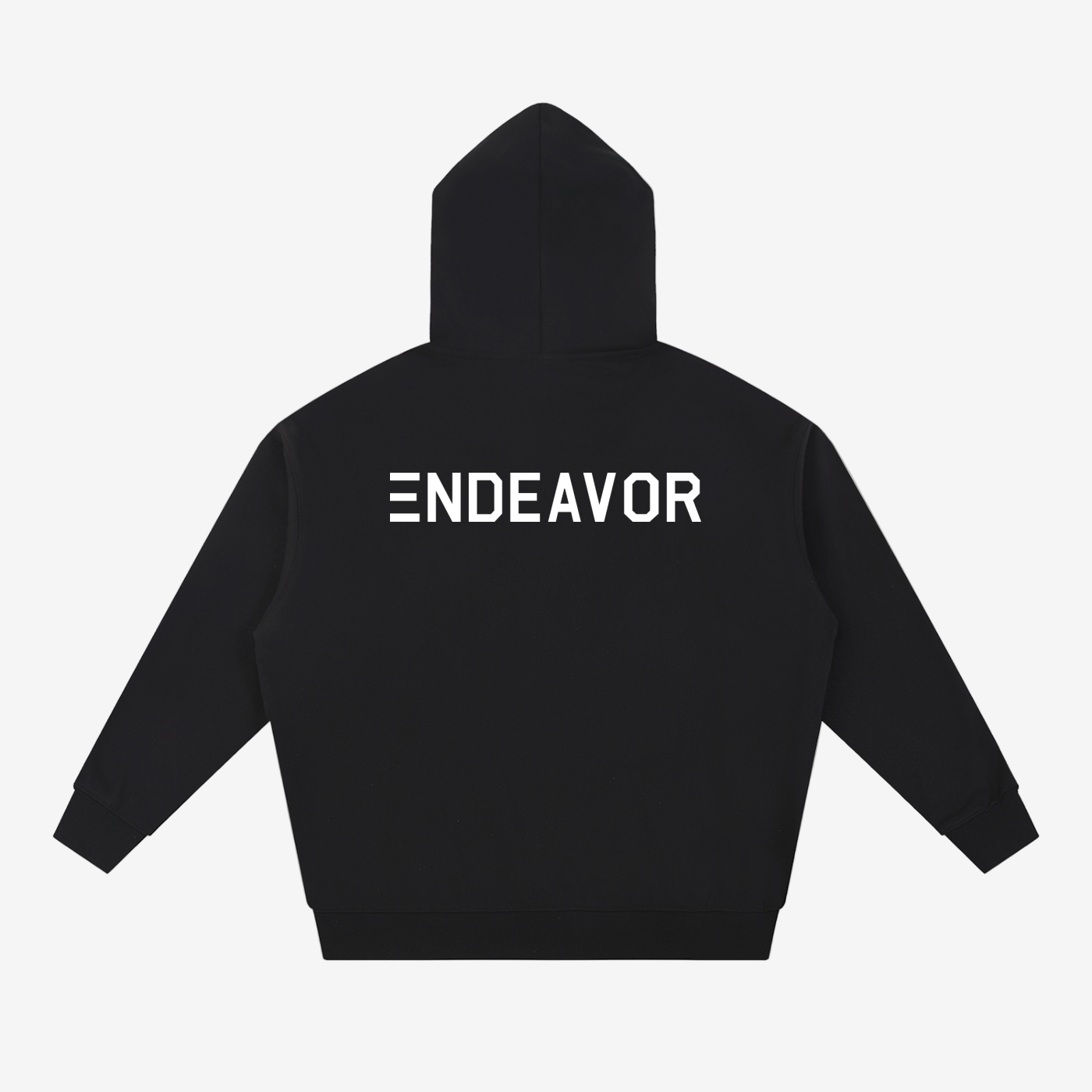 Endeavor Essential Heavyweight Hoodie in Black color with horizontal white logo, made from a cotton blend for all-season wear.