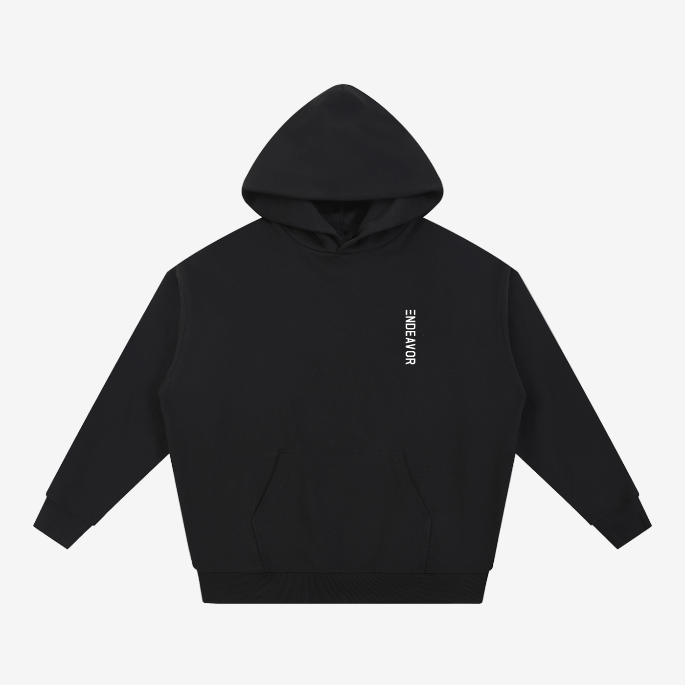 Endeavor Essential Heavyweight Hoodie in Black color with vertical white logo, made from a cotton blend for all-season wear.