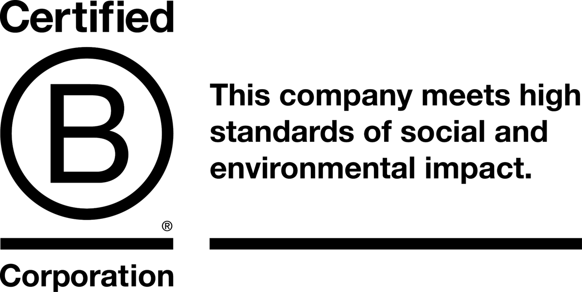 Certified B Corporation logo: this company meets high standards of social and environmental impact