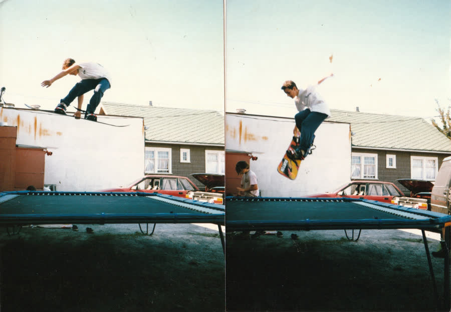 Snowboarder on a backyard trampoline