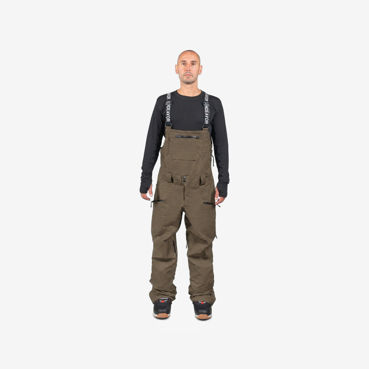 Endeavor 3L Shelter Bib Pant in Algae, on model