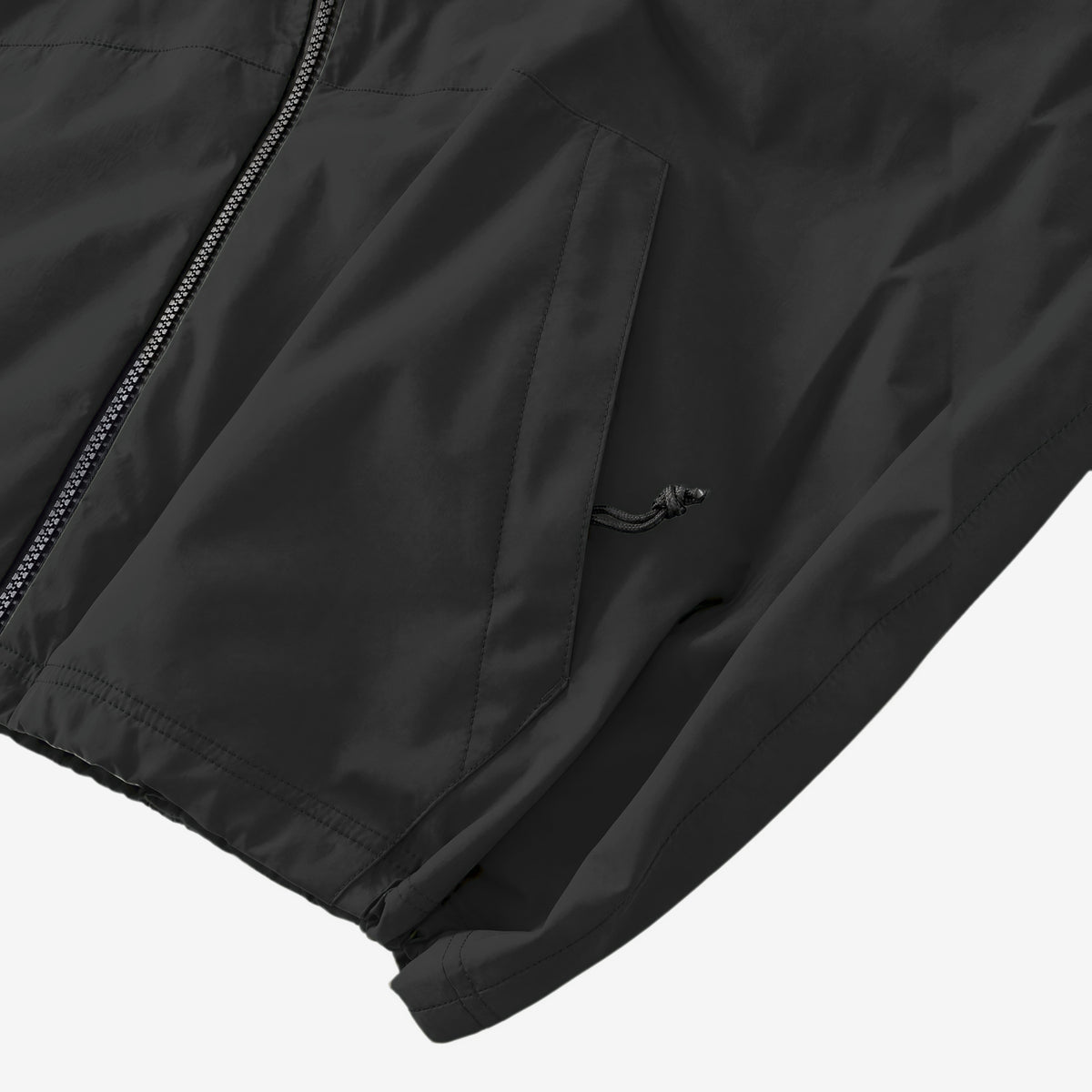 Endeavor 20K Windbreaker in Black, zipped hand pocket with cord pull