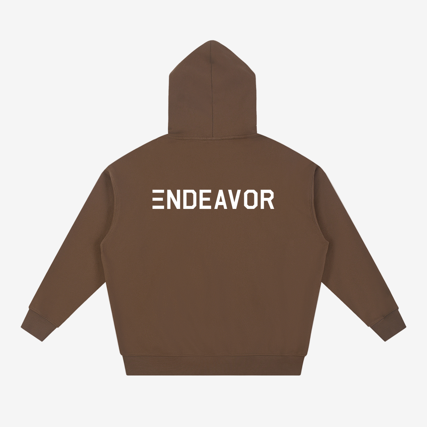 Endeavor Essential Heavyweight Hoodie in Coffee color with horizontal white logo, made from a cotton blend for all-season wear.