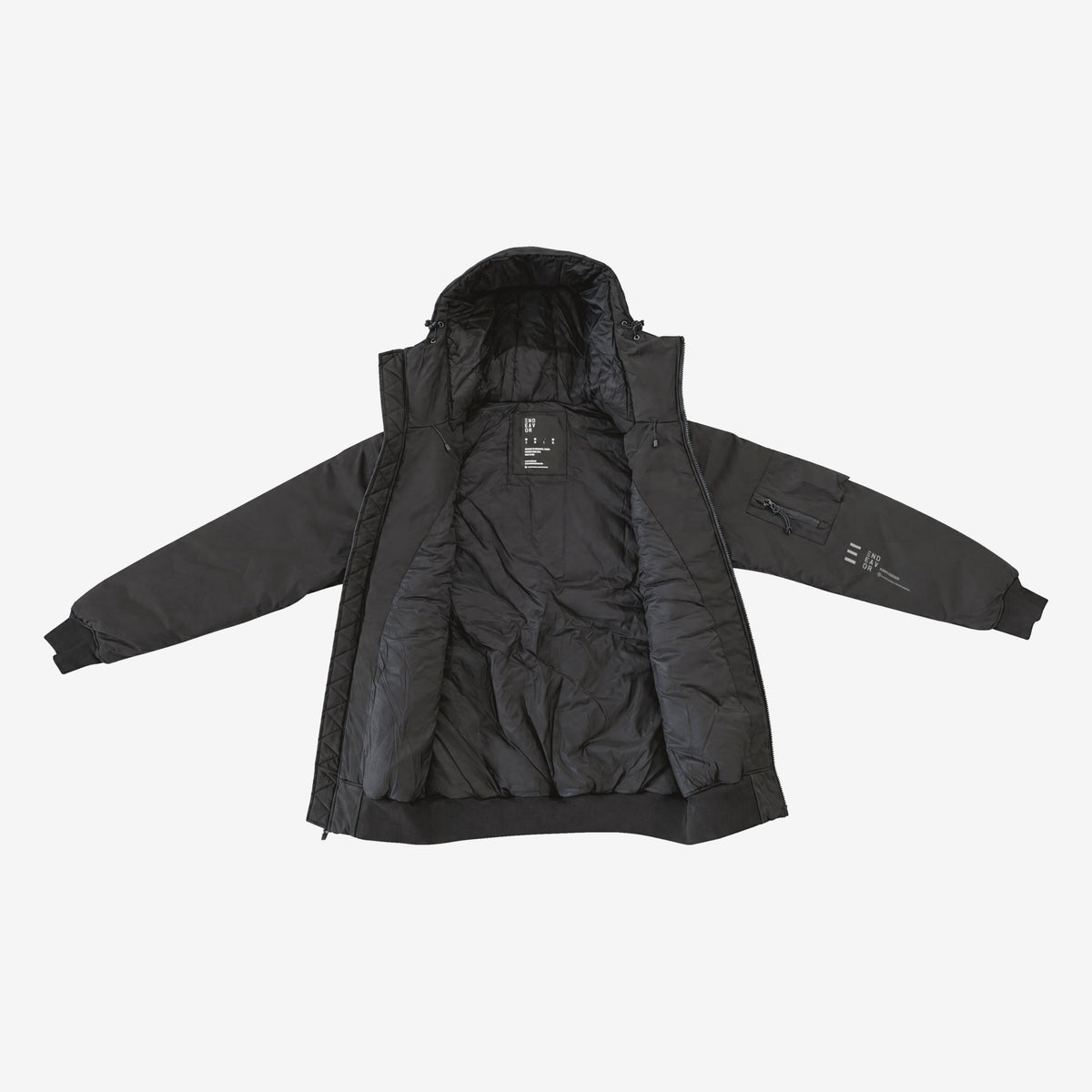 Endeavor 2L Bomber Jacket in Black, quilted insulated lining with the woven back-neck size label and the sleeve print, jacket laid open