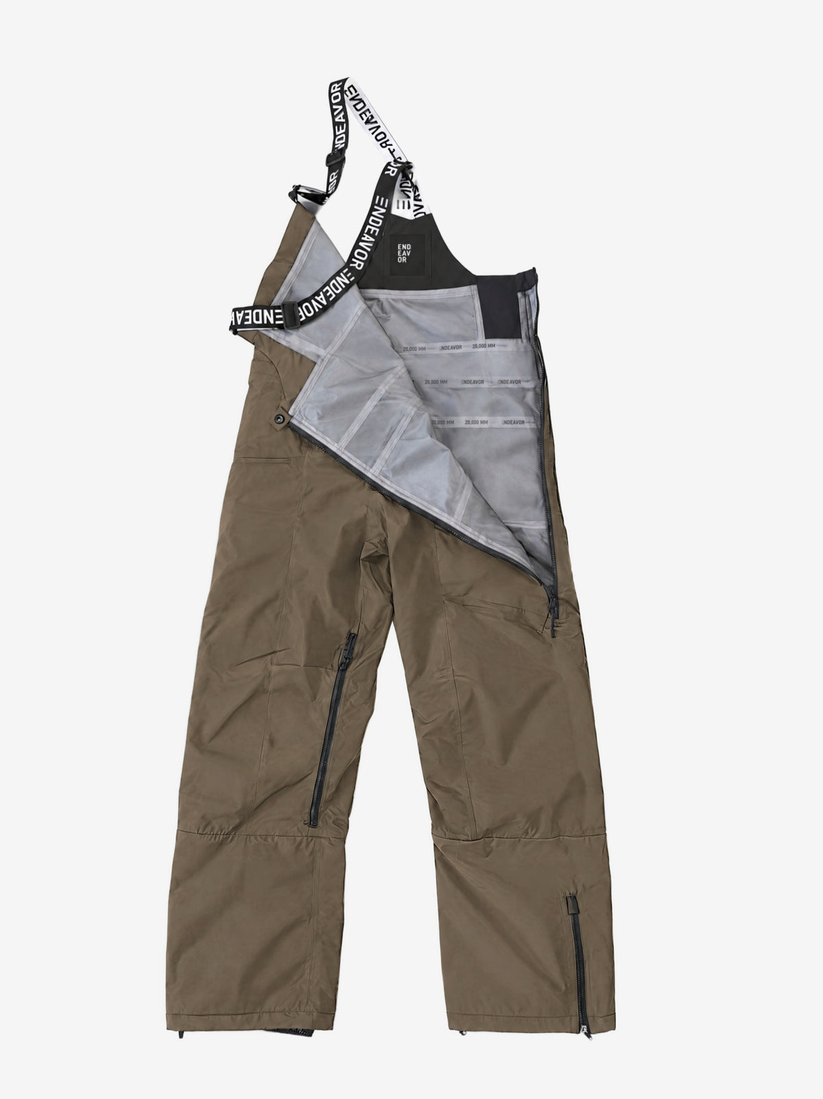 Endeavor 3L Shelter Bib Pant Algae, side zip opened to show the taped 3-layer lining and inner label