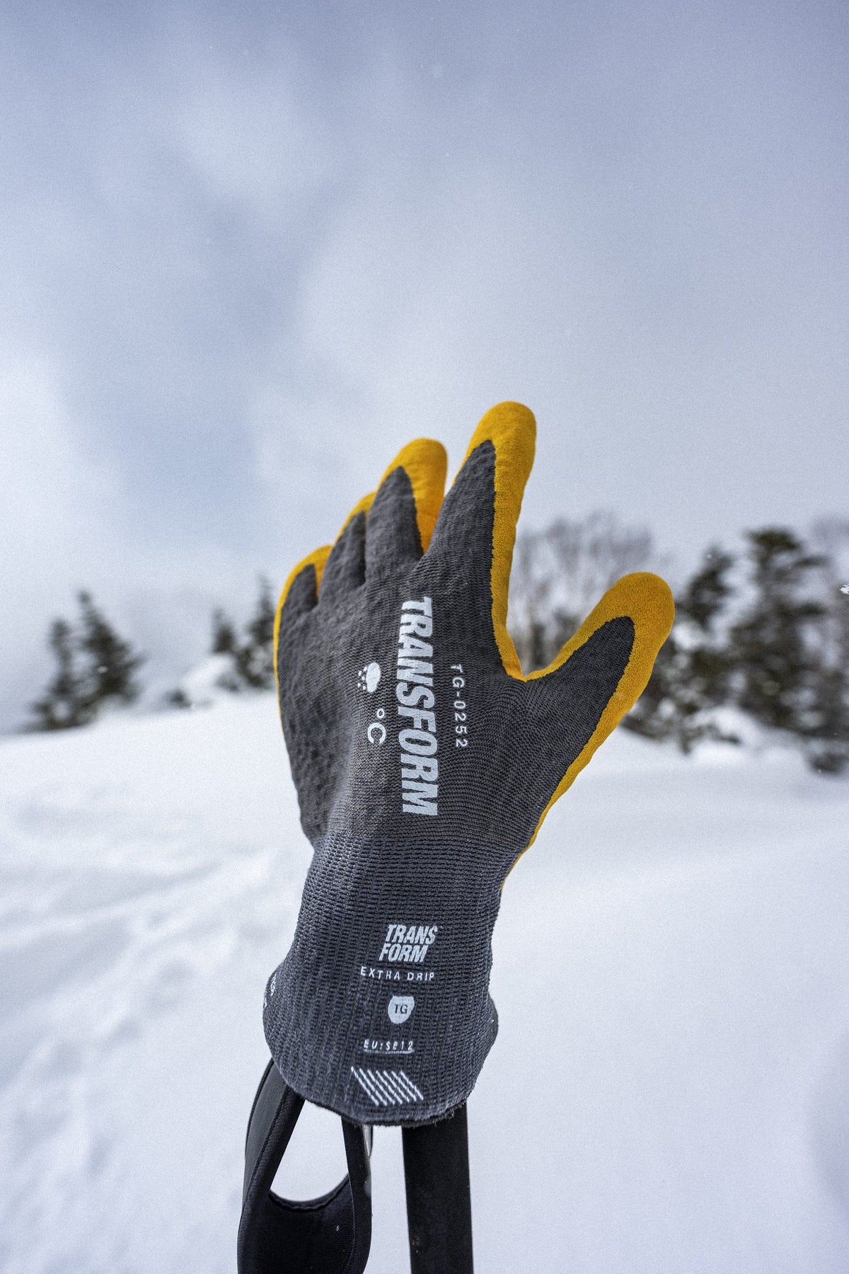 Transform Workwear glove on a ski pole in the snow. Photo: Mason Mashon